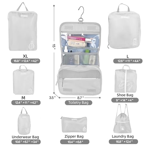 8 Set Expandable Compression Packing Cubes for Suitcases Travel Essentials Carry On Waterproof Storage Bag With Dry And Wet Separation Silvery - color: Silvery