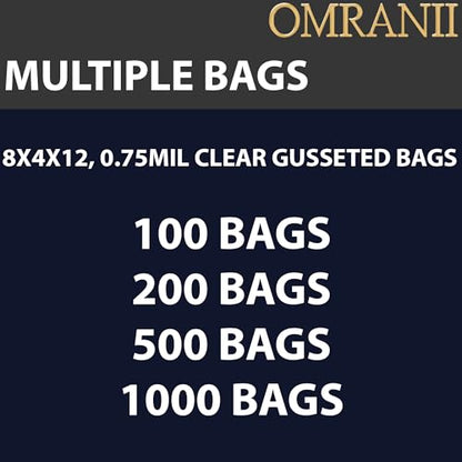Clear Gusseted Bags 0.75 Mil, 8" X 4" X 12" & 1000 Bags| LDPE Material, For Food Packaging, Storage & Display | Heat Sealable Plastic Bag, Ideal for Bakery, Deli, Snacks, and Commercial Use - size: 8" X 4" X 12" & 1000Bags