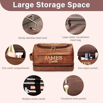 Personalized Toiletry Bag for Men, Custom Toiletry Bag Gifts for Men, Him, Birthday, Anniversary, Groomsmen, Dad, Husband, Boyfriend, Graduation, Leather Engraved Travel Cosmetic Shaving Hygiene Bag - color: Brown-1