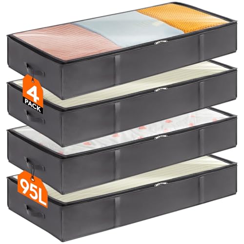 Lifewit 95L 4 Pack Under Bed Storage Containers, Large Capacity Blanket Storage Bags with Reinforced Handle, Organization and Storage for Comforters, Sheets, Clothes, Bedroom, College Dorm, Grey - size: 90L