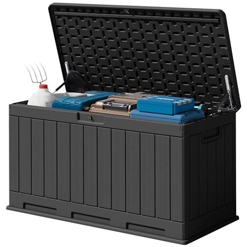 Devoko 90 Gallon Double-Wall Deck Box, Side Handles, HDPE Outdoor Large Storage Box Waterproof and Lockable for Patio Furniture, Garden, Pool (Black, 90 Gallon) - color: Black, size: 90 Gallon 1 Pack