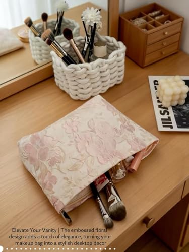 D Embossed Floral Makeup Bag - Large Capacity Pink Textured Cosmetic Organizer | Travel Toiletry Pouch for Women (Elegant Flower Pattern, Durable Fabric) - color: pink