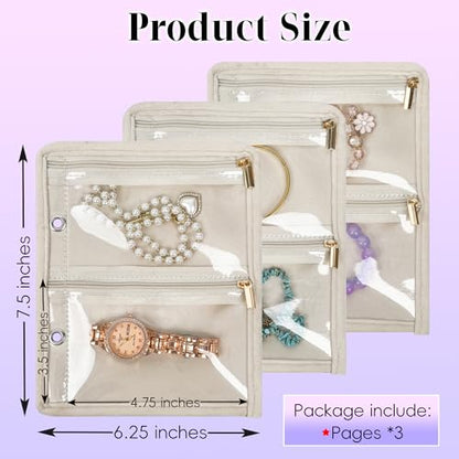 Travel Jewelry Organizer Case,Small Jewelry Bags for Traveling, Jewelry Binder with 24 Pcs Clear Zipper Velvet Pouches (Inner Pages,Beige,3 PCS) - color: Inner Pages,Beige,3 PCS