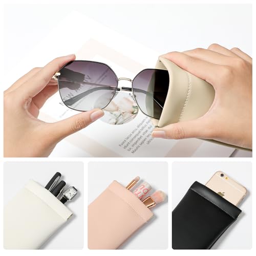 Squeeze Top Sunglass Case, New Organosilicon Soft PU Leather Eyeglass Glass Case Travel Large Sunglasses Pouch - color: Beige