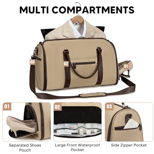 Convertible Garment Bags for Travel, Carry On Garment Duffle Bags for Women, Garment Bag with Shoes Compartment, 2 in 1 Travel Suit Bag with Detachable Shoulder Strap (Khaki) - color: Khaki