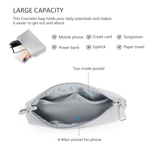 30 Color PU Faux Leather Travel Toiletry Bag for Women, Mini Cosmetic Pouch Organizer with 2 Dividers, Easy Clean Makeup Bag for Purse, Gift Idea (PU Faux Leather/Pearl Silver) - color: PU/Pearl Silver