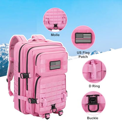 Hannibal Tactical MOLLE Assault Backpack, Tactical Backpack Military Army Camping Rucksack, 3-Day Pack Trip w/USA Flag Patch, D-Rings, Pink - color: Pink