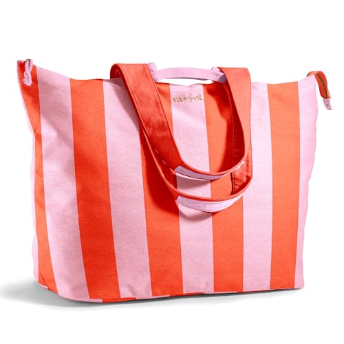 Fit & Fresh XL Beach Tote Bag for Women – XL Travel Tote with Zipper & Pockets, Oversized Canvas Pool Bag, Weekender Carry-On - color: Pink & Orange Stripe