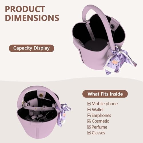 Vegan Leather Bucket Bag for Women Crossbody Bucket Purse with Removable Fashion Bucket Handbag - color: Purple