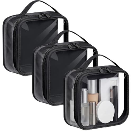 Abbylike 3 Pcs Small Toiletry Bags Reusable Quart Size Travel Liquid Pouch Single-sided Clear PVC Carry-on Organizer with Handle Cosmetic Bags for Airport Security Women Men(Black) - color: Black