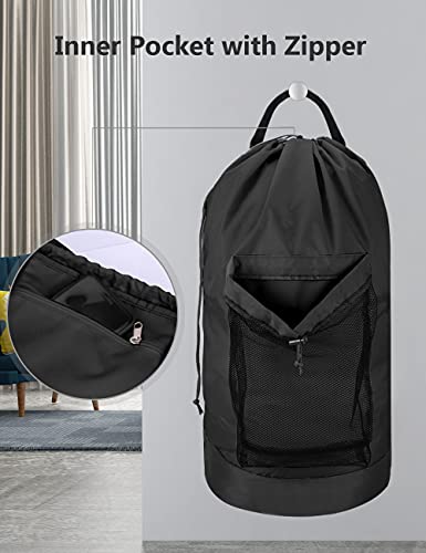 Dalykate Backpack Laundry Bag, Laundry Backpack with Shoulder Straps and Mesh Pocket Durable Nylon Clothes Hamper Bag with Drawstring Closure for College, Travel, Laundromat, Apartment - color: Black