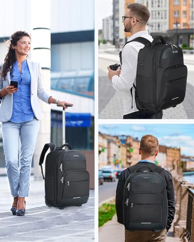 Ponhog Rolling Backpack, 30L Travel Laptop Backpack with Wheels, 15.6 Inch Roller Carry on Luggage with USB Charging Port, Flight Approved Personal Item Wheeled Suitcase for Men Women Adults, Black - color: Black