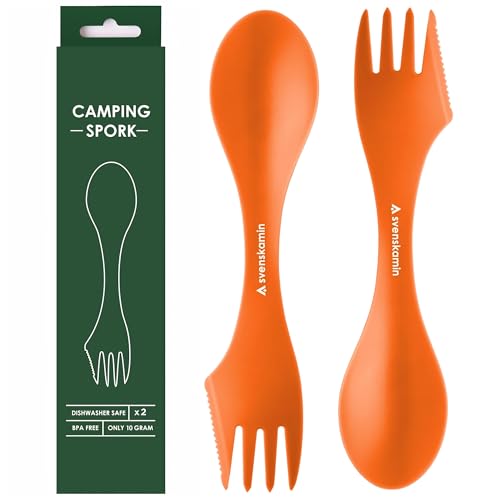 Reusable Camping Spork Set 2-Pack - 3-in-1 Travel Sporks, Lightweight Durable Utensils & Silverware for Outdoor Hiking - 2x Orange - color: Orange/Orange
