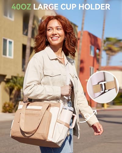 HOMESPON Lunch Bag, 24.5L Large Tote Bag for Women, Laptop Bag Fits 15.6" with Insulated Lunch Compartment & Shoulder Strap, Work Tote for Nurse, Teacher, Office, Commute, Travel, Beige-brown - color: Brown