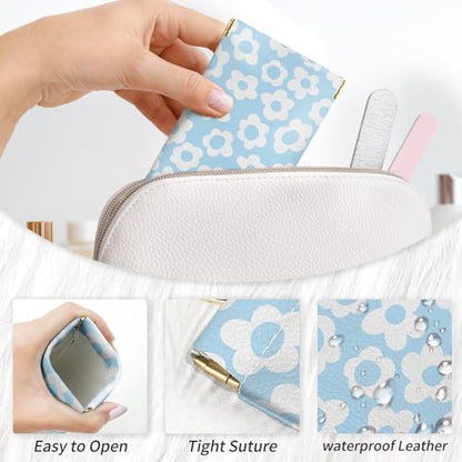 Glasses Case Soft, Eyeglass Cases for Women Portable Squeeze Top PU Leather 2 Pack Glasses Pouch with Cleaning Cloth - color: 2pcs Pink Flowers+blue Flowers