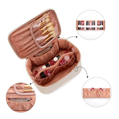 Montana West X Wrangler Travel Makeup Bag 2pcs Set Large Cosmetic Bag with Makeup Brush Holder Portable Make Up Organizer Cute Toiletry Bag with Divider and Handle for Women - color: Solid Beige
