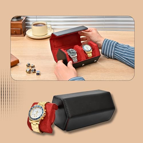 Leather Watch Roll for 2 Watches - Velvet-Lined Travel Case, Luxury Watch Rolls Organizer with Storage & Display for Men (2 Slot-Black/Red) - color: 2 Slot-Black/Red