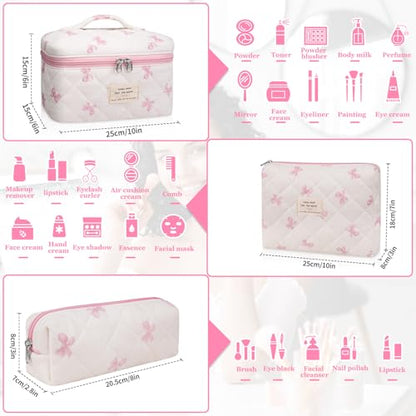 Gosect 3PC Makeup Bag Set, Quilted Makeup Bag Set, Large Floral Cosmetic Bag for Women, Cute Cotton Makeup Bags, Flower Travel Toiletry Organizer Bag (White Pink Bow Tie) - color: White Pink Bow Tie