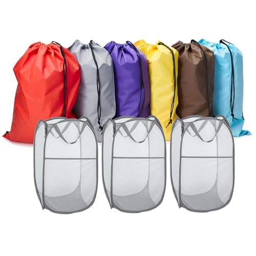 Pop Up Hampers 3 Pack with Extra Large Laundry Bags 6 Pack, Varied Colors Travel Laundry Bags 30"x40", Foldable Mesh Laundry Basket, for college dorm and apartment dwellers (9PCS) - color: Mixcolor with 3 hamper