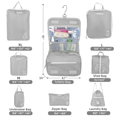8 Set Expandable Compression Packing Cubes for Suitcases Travel Essentials Carry On Waterproof Storage Bag With Dry And Wet Separation Grey - color: Grey