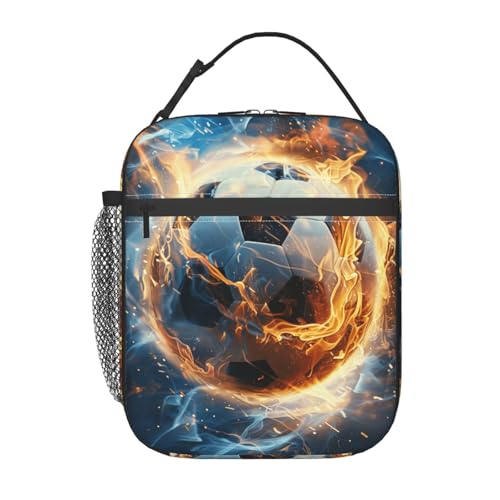Cool Soccer Lunch Bag for Women Men Adults, Insulated Lunch Box for Work, Sports, Travel, Picnic, Hiking, Fishing, Fire Ice Soccer Ball Theme Lunchbox Gifts - color: Soccer