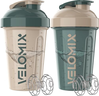 VELOMIX -2 Pack- 20 oz Protein Shaker Bottles for Protein Mixes - 2x Wire Whisk | Leak Proof Shaker Cups for Protein Shakes and Pre Workout | Protein Shaker Bottle Pack (A5) Blue&Beige - color: A5) Blue&Beige
