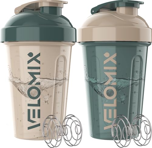 VELOMIX -2 Pack- 20 oz Protein Shaker Bottles for Protein Mixes - 2x Wire Whisk | Leak Proof Shaker Cups for Protein Shakes and Pre Workout | Protein Shaker Bottle Pack (A5) Blue&Beige - color: A5) Blue&Beige