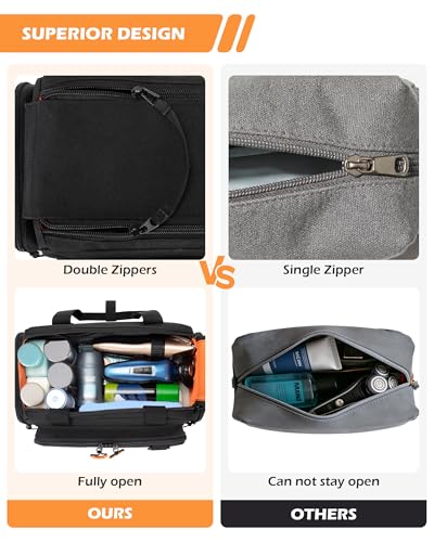 Tactical Travel Toiletry Bag for Men, Extra Large Dopp Kit Organizer with Dual Way Zippers, Travel Hygiene Bag for Shaving Grooming Bathroom Essentials, Black (Empty Bag)