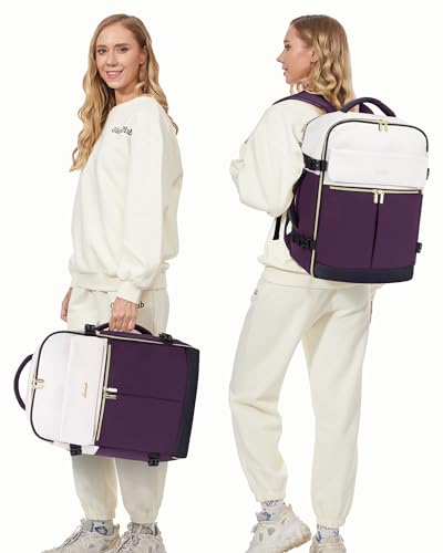 LOVEVOOK 40L Large Travel Backpack for Women, Flight Approved, Waterproof, TSA Compliant, Fits 17.3'' Laptop, 17 Pockets, 3 Packing Cubes - color: Beige-dark Purple-black, size: 40L-17.3 Inch-4Pcs