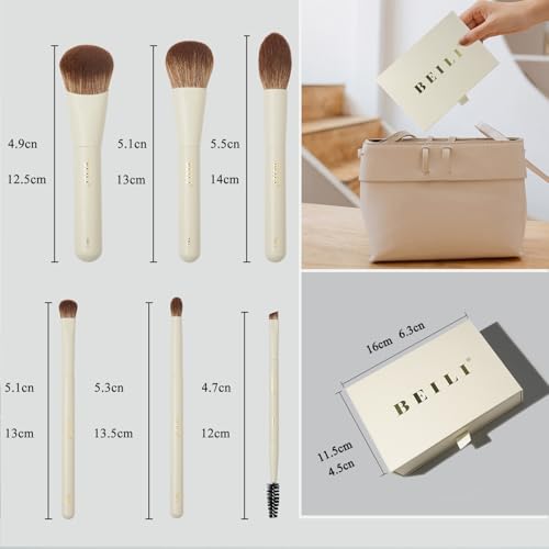 BEILI Mini 6Pcs Makeup Brush Set – Elegant Off White, Professional Travel Brushes for Foundation, Contour, Highlighter & Blending, with Sponge and Gift Box - color: Off White
