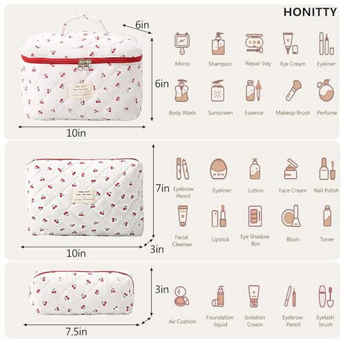 honitty Makeup Bag,Quilted Cosmetic Bags,Large Floral Make Up Organize bag,Makeup Bag Set for Women,Flower Travel Toiletry Bag - color: Cherry-2