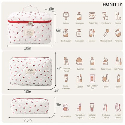honitty Makeup Bag,Quilted Cosmetic Bags,Large Floral Make Up Organize bag,Makeup Bag Set for Women,Flower Travel Toiletry Bag - color: Cherry-2