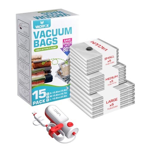 Vacuum Bags for Travel with USB & TYPE C Pump,Vacuum Seal Travel Bags,15 Pack Carry-on Size Vacuum Storage Bags for Luggage and Suitcase,Space Saver for Clothes and Travel(Red) - size: Red-15 Vacuum Bags + USB & TYPE-C Pump