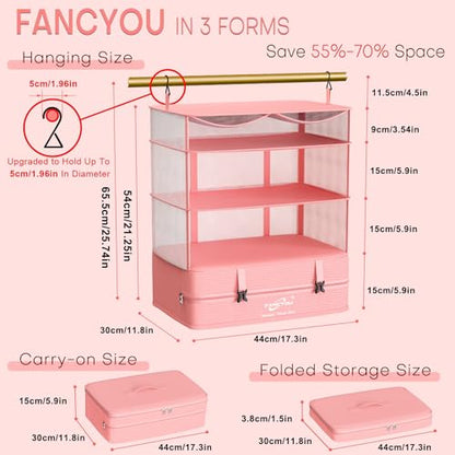 Compressible Packing Cubes Portable Hanging Closet Shelves 17"x12"x24" Extendable Travel Organizer Nylon Packing Bags for Suitcase - color: Pink