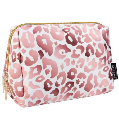 Aosbos Small Travel Makeup Pouch - Pink Leopard Print Cosmetic Case for Women - color: Pink Leopard Print