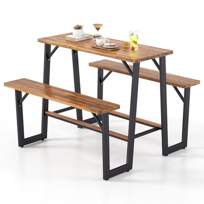 Giantex 4.5FT Picnic Table Bench Set for 4, Acacia Wood Outdoor Dining Table Set, 2" Umbrella Hole, Heavy Duty Metal Frame, Footrest Bar, Large Rectangular Tabletop for Porch Patio Lawn Garden - size: 54"×49.5"×39.5"