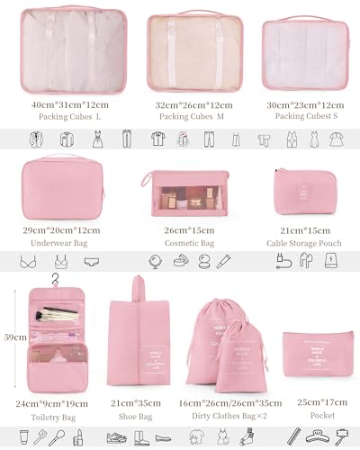 Anjing Packing Cubes for Suitcase 11PCS Luggage Packing Organizers Travel Essentials Luggage Organizer Hooked Toiletry Bag Cosmetic Bag and Shoes Bag, Pink - color: Pink-11pcs