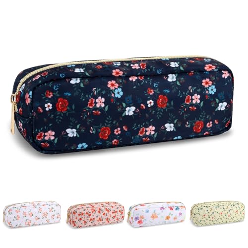 UIXIZQ Waterproof Small Floral Pencil Case Makeup Bag for Purse,Cute Flower Pencil Pouch Preppy Nylon Makeup Brush Holder with Zipper,Girls Portable Storage Case Pen Bag for Work(Slim Black-Flowers) - color: Black-Flowers, size: Slim