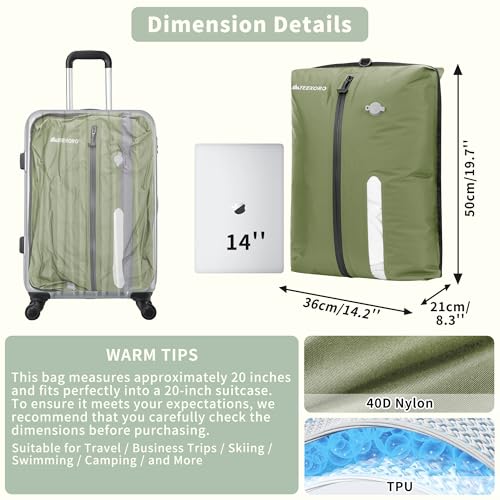 Upgraded Vacuum Bag for Travel, Professional IPX8 Waterproof Reusable Vacuum Compression Bags for Travel Suitcases, Durable Space Saver Bag - color: Green, size: 2 PC -With Pump