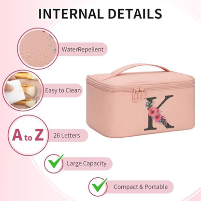 OCHEAL Initial Makeup Bag,Monogram Make up Bag Pink Travel Makeup Organizer Case Beauty Toiletry Cosmetic Bag with Brush Holder, Trendy Stuff Personalized Gifts for Women and Girls-K - color: Pink, style: K
