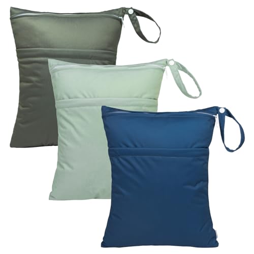 babygoal Wet Dry Bags for Baby Cloth Diapers 3 Pack, Washable Travel Bags, Beach, Pool, Gym Bag for Swimsuits & Wet Clothes with Two Pockets, Snap Handle 3LN32 - color: Olive and bean green & lake blue