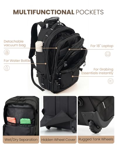 Fanwoli Rolling Vacuum Backpack Travel with One-Button Compression, 55L Expandable, Water Resistant Carry-On Suitcase Luggage, Ideal for Outdoor/Family/Trips - color: Black
