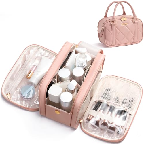Bagstellar Travel Makeup Bag, Large Capacity Quilted Toiletry Bag for Women Stand-up Cosmetic Bag Open Flat Make Up Case Organizer Portable Pouch Purse w/Handle for Traveling Accessories, Pink - color: Pink