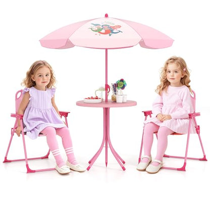 HONEY JOY Kids Picnic Table, Animal Themed Toddler Outdoor Table and Chair Set, 2 Folding Chairs & Removable Umbrella, Children Outdoor Furniture for Backyard Patio Garden (Pink Mermaid) - color: Pink Mermaid