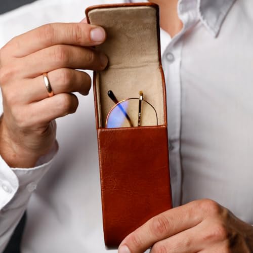 Time Resistance Leather Glasses Case - Hard Shell Leather Glasses Case - Made in Italy - color: Cognac