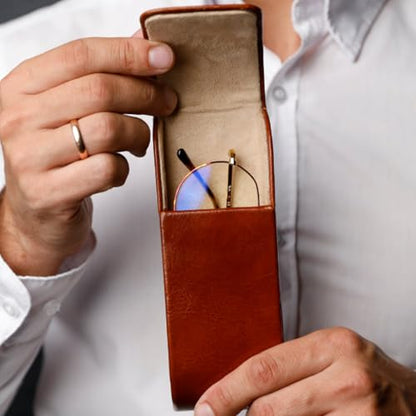 Time Resistance Leather Glasses Case - Hard Shell Leather Glasses Case - Made in Italy - color: Cognac