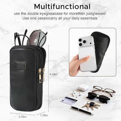 KINIVA Double Eyeglass Case for Men Women, 2-in-1 PU Dual Sunglasses Case, Scratch-Proof Travel Eyeglass Holder for Purse Car - style: Black Smooth