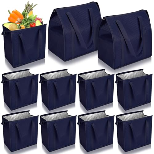 10 Pack Large Insulated Grocery Bags Reusable Shopping Bags with Zippered Top 13 x 12 x 7 Inch Thermal Cooler Totes Bulk with Handles for Hot Cold Food Delivery Refrigerator (Navy Blue) - color: Navy Blue