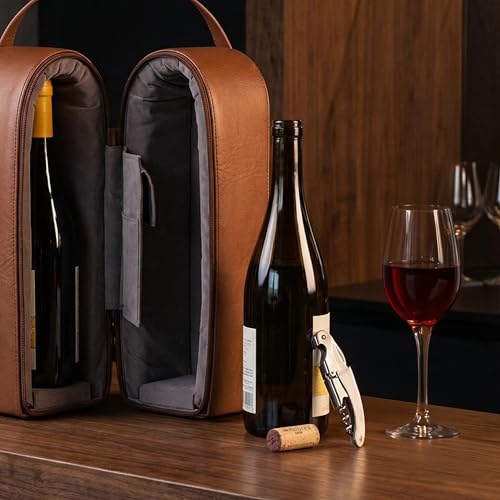 Bey-Berk Vino Brown Leather Double Wine Caddy, Two-Bottle Travel Case with Zipper Closure and Corkscrew Bar Tool - color: Brown