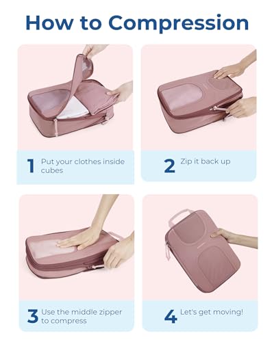 BAGSMART Compression Packing Cubes, 6 Set Packing Cubes for Suitcases, Lightweight Suitcases Organizers Bag Set & Compression Travel Cubes, Travel Essentials Packing Organizers - color: 01-Dusty Pink